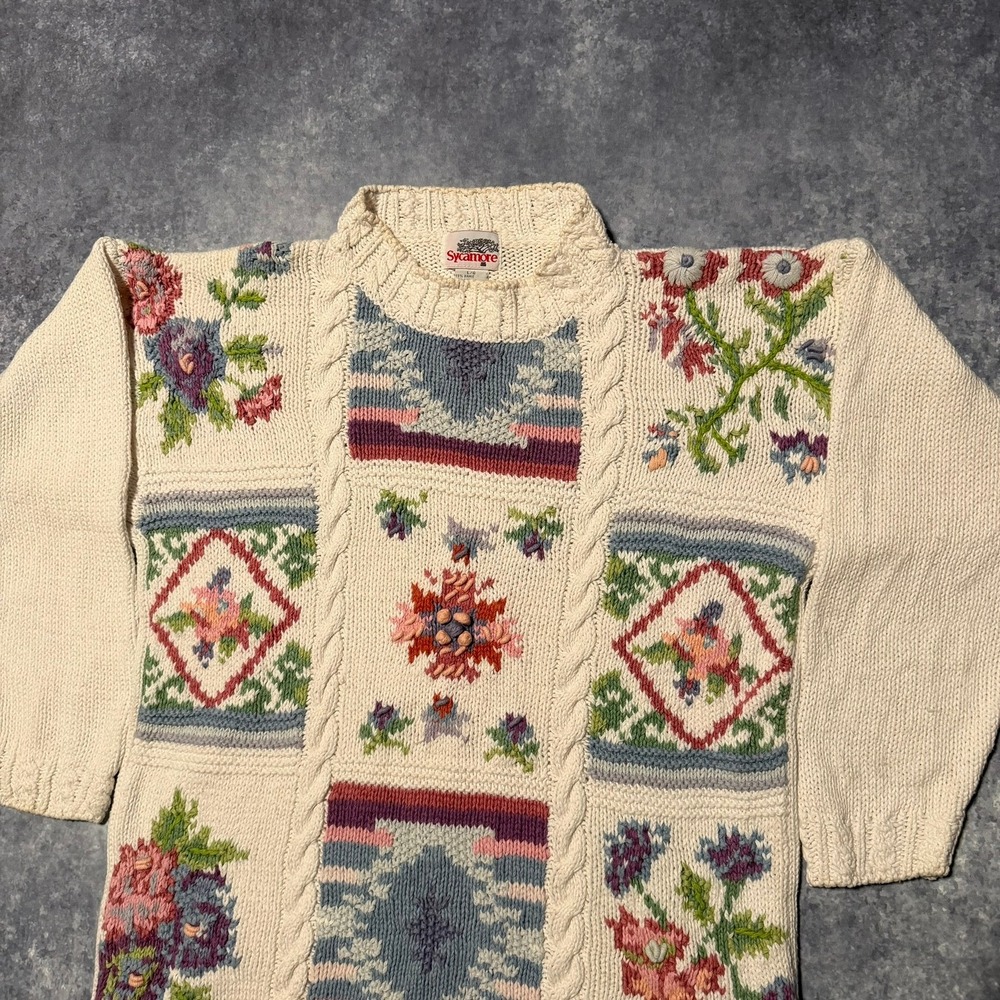 Vintage Women's Knit Sweater‎ Floral Patchwork Cable Knit Cream Large